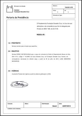 Portaria nº 789/2013-PR - Nomear Diego Bevilaqua chefia MV