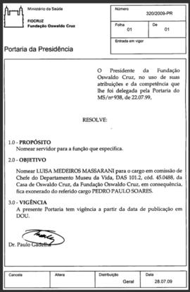 Portaria nº 320/2009-PR - Nomear Luísa Massarani chefia MV