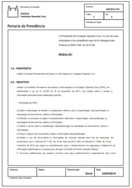 Portaria n° 485/2014 - Constitui Comissão Permanente de Acesso a Informações da Fiocruz, sob a co...