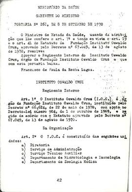 Portaria nº 262 - Aprova o Regimento Interno do Instituto Oswaldo Cruz