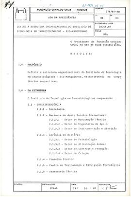 Ato da Presidência nº 076/87 - Define a estrutura organizacional do Instituto de Tecnologia em Im...