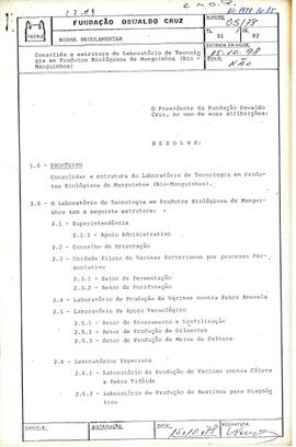 Norma Regulamentar  nº 05/78 - Consolida a estrutura do laboratório de Tecnologia em Produtos Bio...