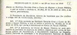 Decreto-Lei nº 2243 - Anexa ao Instituto Oswaldo Cruz o Curso de Higiene e Saúde Pública