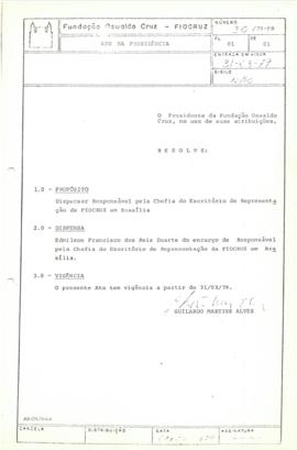 Portaria nº 20/79 - Dispensa Edmilson dos Reis Duarte do encargo de responsável pela chefia do es...