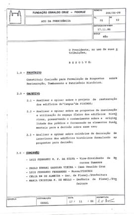 Ato da presidência nº 206/86 - Constitui comissão para formulação de propostas sobre restauração ...