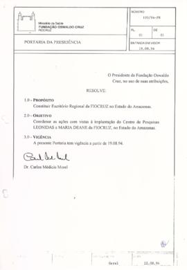 Portaria da Presidência nº 196/94-PR - Constitui Escritório Regional da Fiocruz no Estado do Amaz...