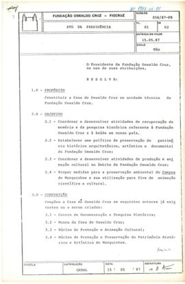 Ato da presidência nº 056/87 - Constitui a COC como unidade técnica da Fiocruz