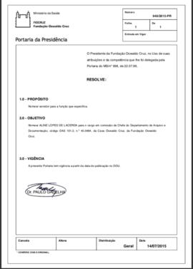 Portaria n° 946/20015-PR - Nomear Aline Lopes chefia DAD