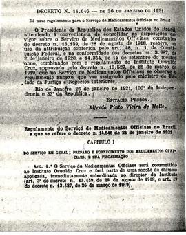 Decreto nº 14.646 - Regulamenta o serviço de Medicamentos Oficiais no Brasil