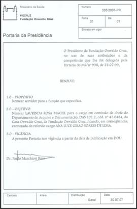 Portaria n° 335/2007-PR- Nomear Laurinda Maciel chefia DAD
