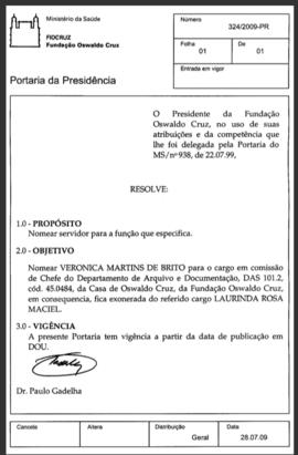 Portaria n° 324/2009-PR - Nomear Verônica Brito chefia DAD