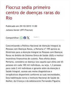 Matéria | "Fiocruz sedia primeiro centro de doenças raras do Rio"