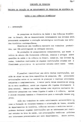 Projeto de criação de um Departamento de Pesquisas em História da Saúde e das Ciências Biomédicas