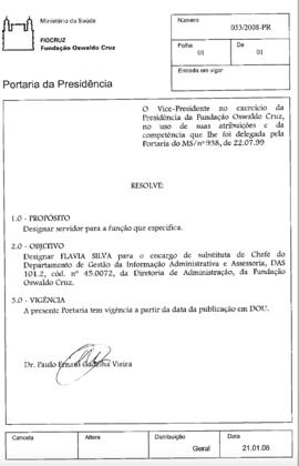 Portaria nº 033/2008-PR - Designa Flavia Silva como substituta de Chefe de Departamento