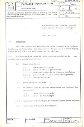 Norma Operacional nº 12/78 - Detalha a estrutura do Laboratório de Tecnologia em Produtos Biológi...