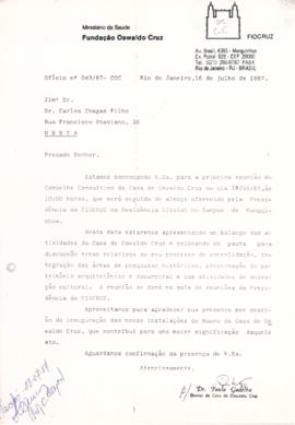 Ofício nº 043/87-COC - Convoca Carlos Chagas Filho para 1ª reunião do conselho deliberativo da COC