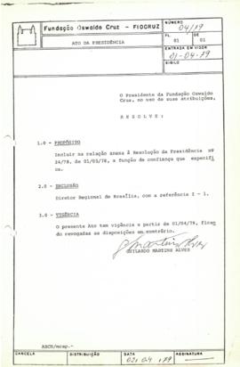 Portaria nº 04/79 - Inclui na resolução 14/78 a função de Diretor Regional de Brasília