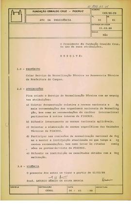 Ato da presidência nº 049/88-PR - Cria serviço de normalização técnica