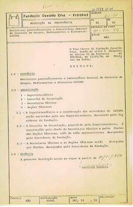 Resolução da Presidência nº 66/78 - Estrutura provisoriamente o Laboratório Central de Controle d...