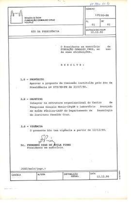 Ato da presidência nº 139/90-PR - Aprova proposta de Comissão