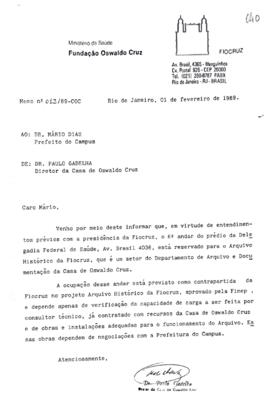 Memorando nº 012/89-COC - Reserva do 6º andar do prédio da expansão para o DAD