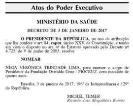 DOU - Nomeação de Nísia Veronica Trindade Lima Presidência Fiocruz 2017