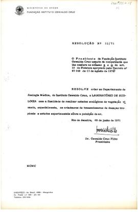 Resolução nº 32/71 - Cria o Laboratório de Ecologia