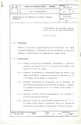 Ato da Presidência nº 226/85-PR - Define Estrutura Organizacional do Politécnico da Saúde Joaquim...