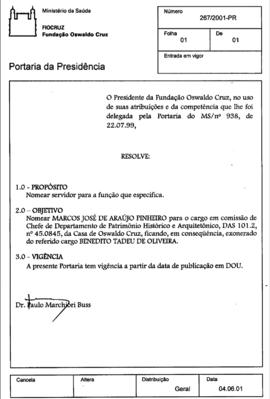 Portaria nº 267/2001 - nomear Marcos José de Araújo Pinheiro para chefe DPH