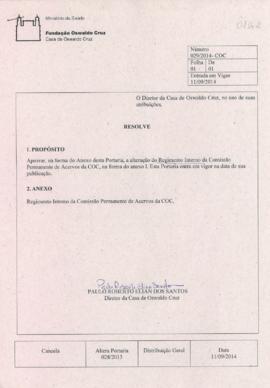 Portaria nº 029/2014-COC - Aprova Regimento Interno da Comissão Permanente de Acervos da COC.