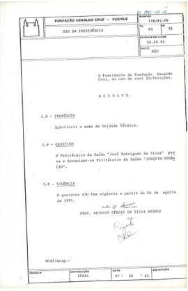 Ato da Presidência nº 148/85-PR - Substitui o nome da Unidade Técnica